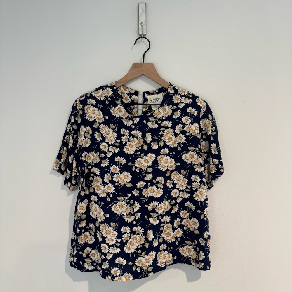 Vintage Cristin Stevens Petites Navy Daisy Floral Short Sleeve Blouse Size M